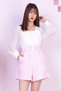 Chiffon Long Sleeve Pearl Details Floral Emboss Playsuit (Pink)